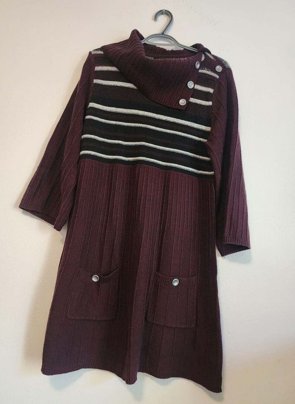 Burgundy Knit Sweater Dress Cotton Blend Striped Cowl Neck With Pockets & butto